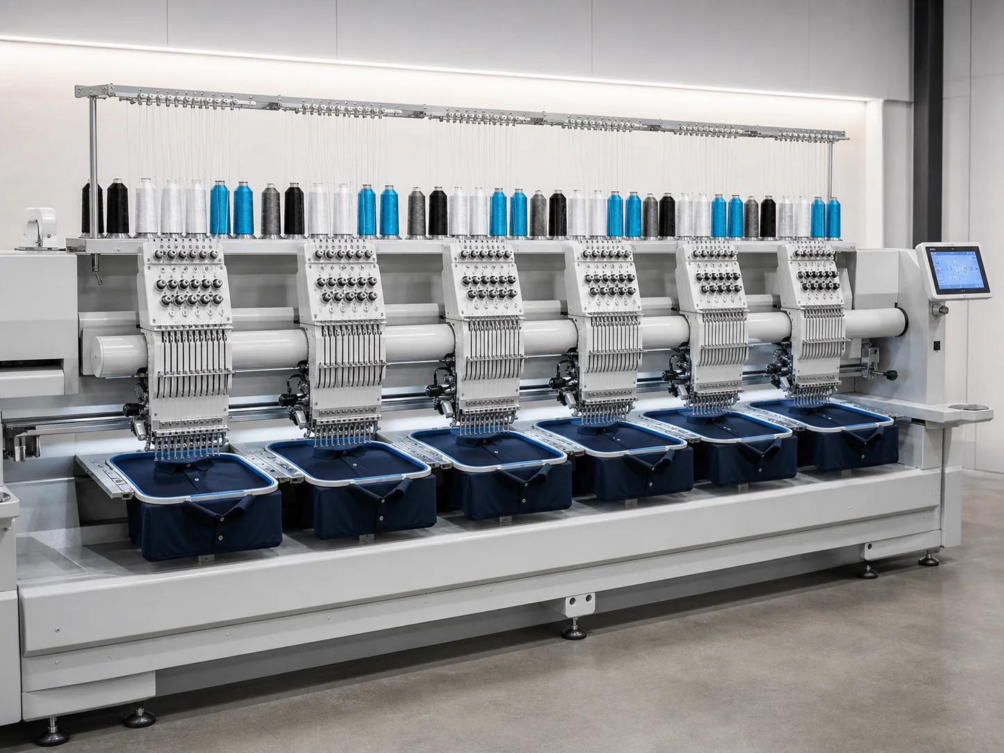 A commercial multi-head embroidery machine stitching blue business apparel
